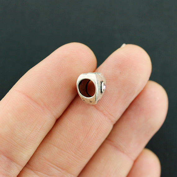 Perles intercalaires coeur 10mm x 10mm - ton argent avec strass rose - 4 perles - SC1780