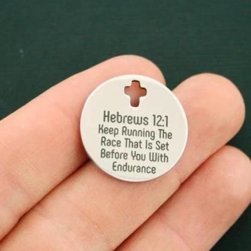 Hebrews 12:1 Stainless Steel Cross Charms - Keep Running The Race That Is Set Before You With Endurance - BFS023-1709