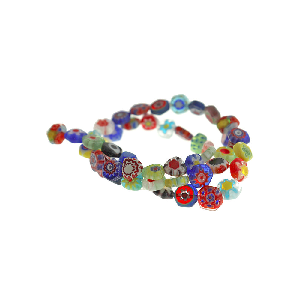 Hexagon Glass Beads 8mm - Assorted Floral Millefiori - 10 Beads - BD053