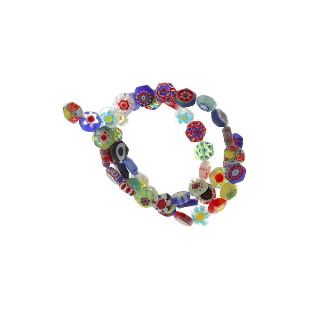 Hexagon Glass Beads 8mm - Assorted Floral Millefiori - 10 Beads - BD053