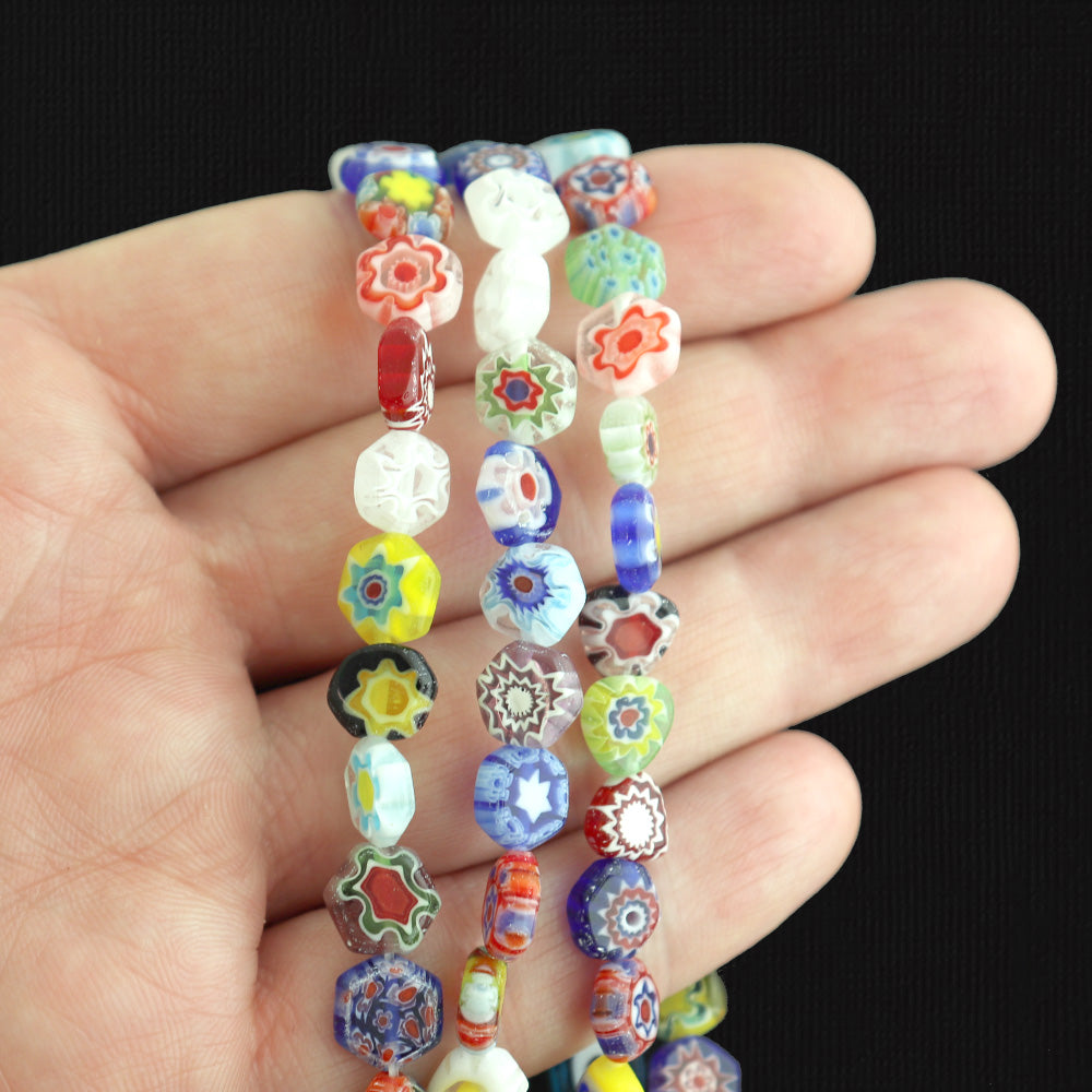 Perles de Verre Hexagonales 8mm - Millefiori Floral Assorti - 10 Perles - BD053