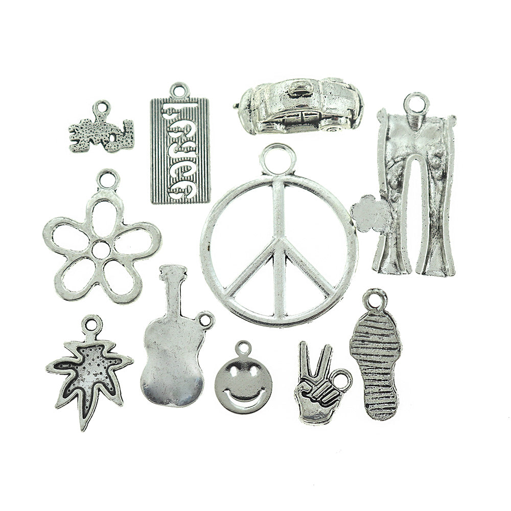Hippie Charm Collection Antique Silver Tone 11 Different Charms - COL057