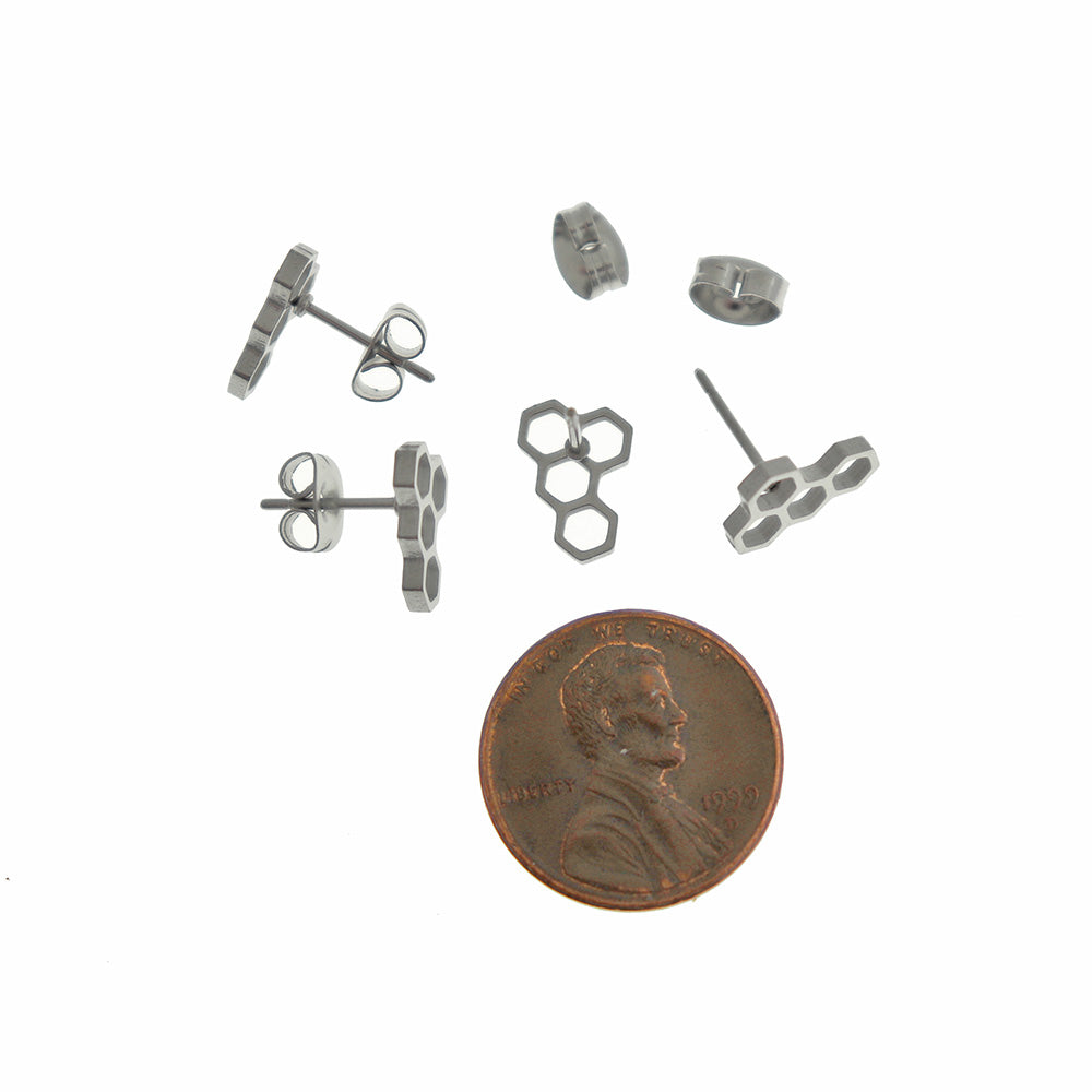 Honeycomb Stainless Steel Earring Studs - 11mm - 1 Pair - Choose Your Tone!