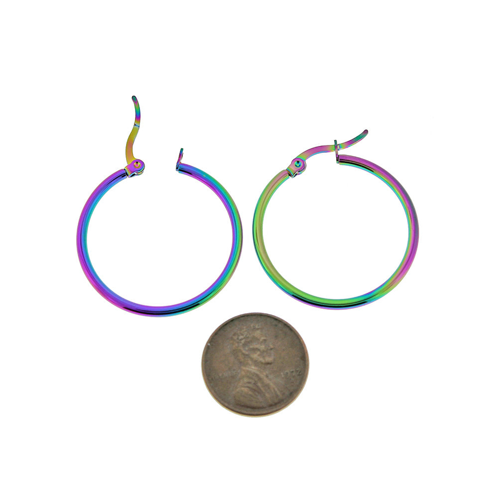 Hoop Earrings - Rainbow Electroplated Stainless Steel - Lever Back 30mm - 2 Pieces 1 Pair - Z1416