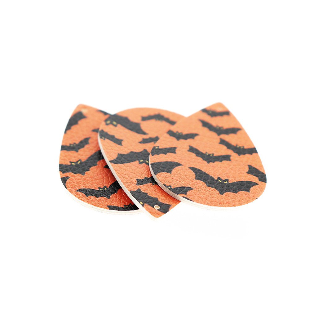 Imitation Leather Teardrop Pendants - Black and Orange Bat - 4 Pieces - LP115