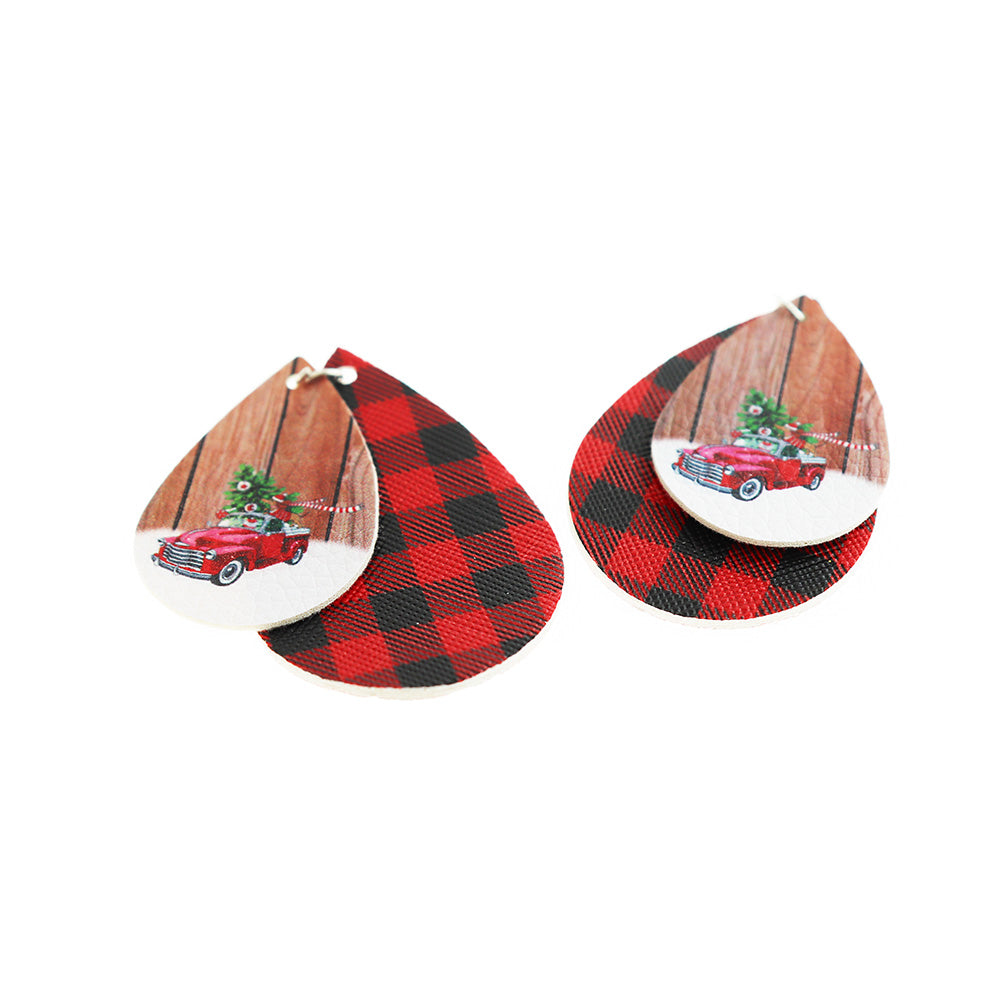 Imitation Leather Teardrop Pendants - Christmas Truck - 1 Pair 2 Pieces - LP270