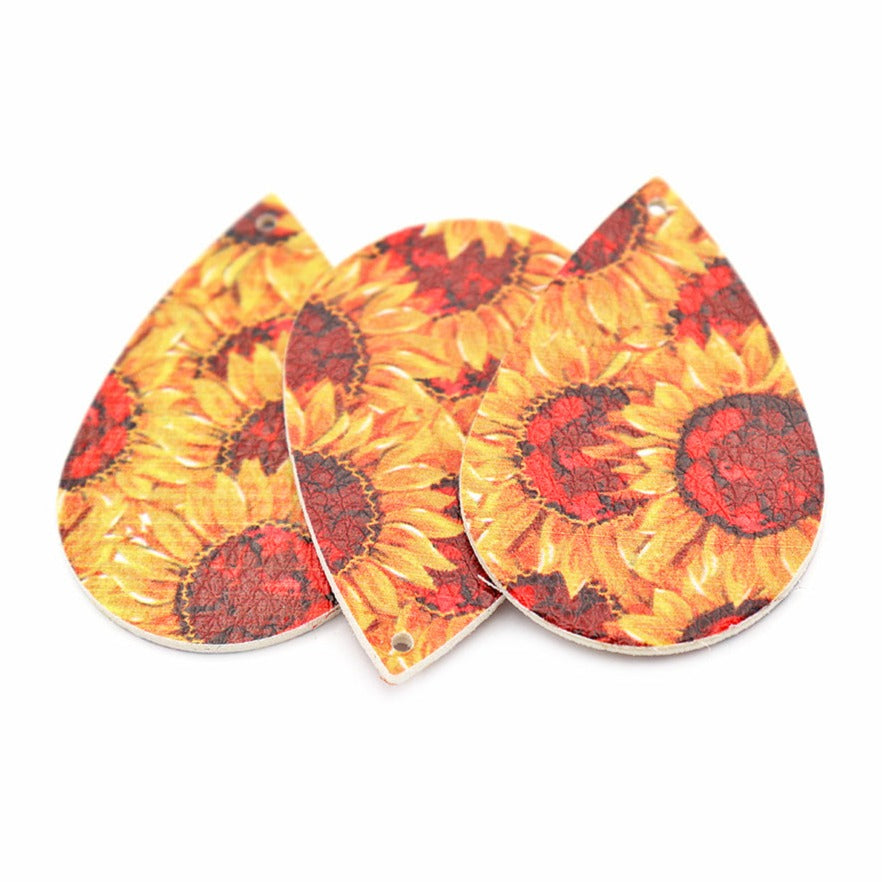 Pendentifs en forme de larme en simili cuir - Tournesol floral - 4 pièces - LP054
