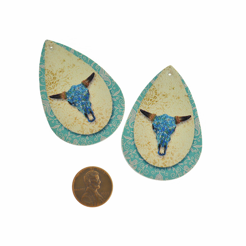 Imitation Leather Teardrop Pendants - Turquoise Cattle Skull - 2 Pieces - LP271