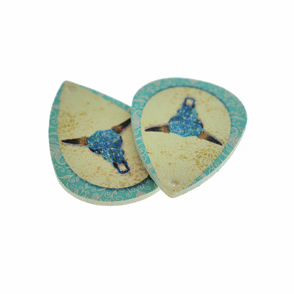 Imitation Leather Teardrop Pendants - Turquoise Cattle Skull - 2 Pieces - LP271