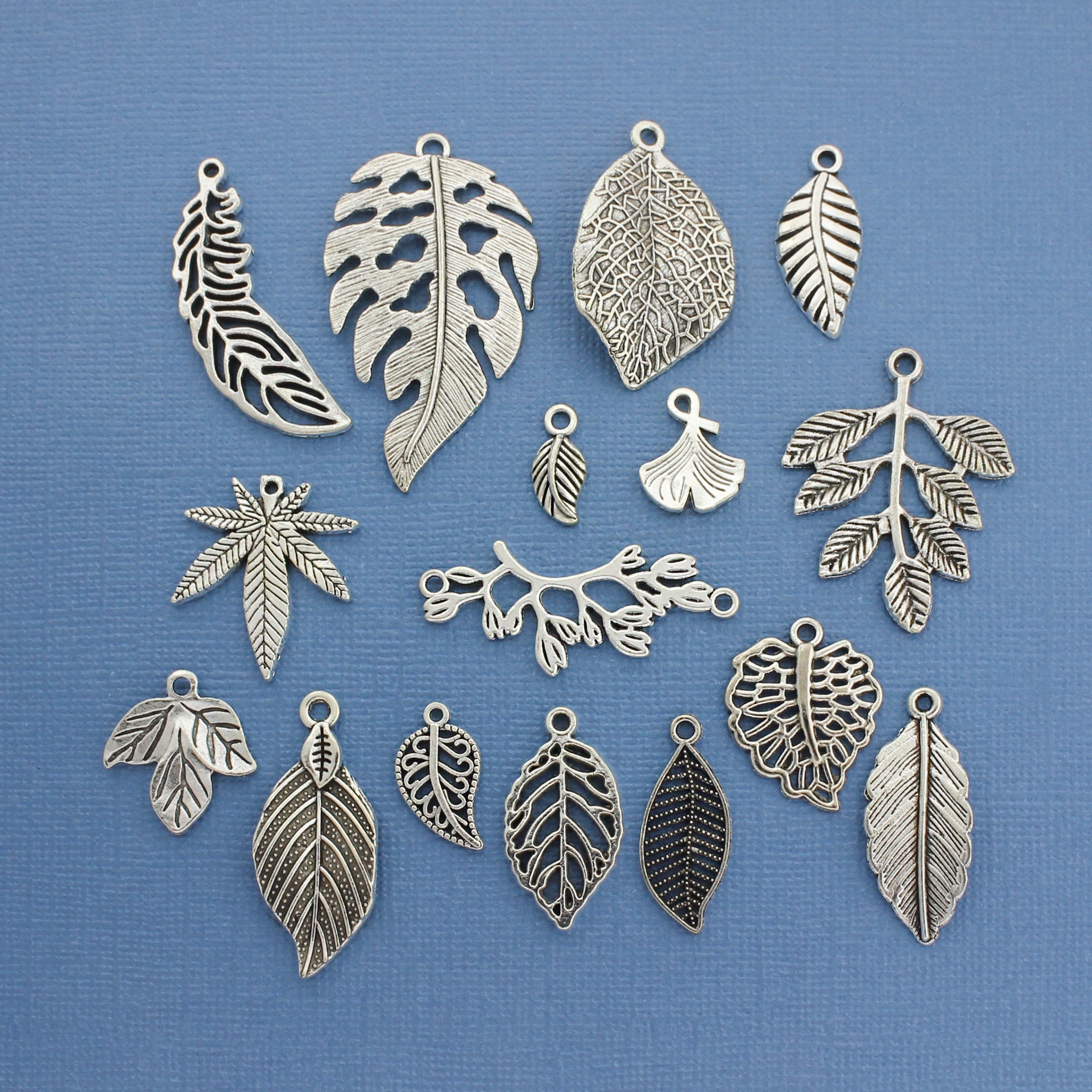 Leaf Charm Collection Antique Silver Tone 16 Different Charms - COL059H