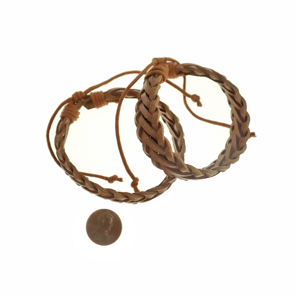 Light Brown Braided Leather Bracelets 68mm Plus Extender - Choose Your Quantity!