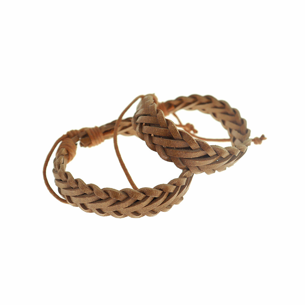 Light Brown Braided Leather Bracelets 68mm Plus Extender - Choose Your Quantity!
