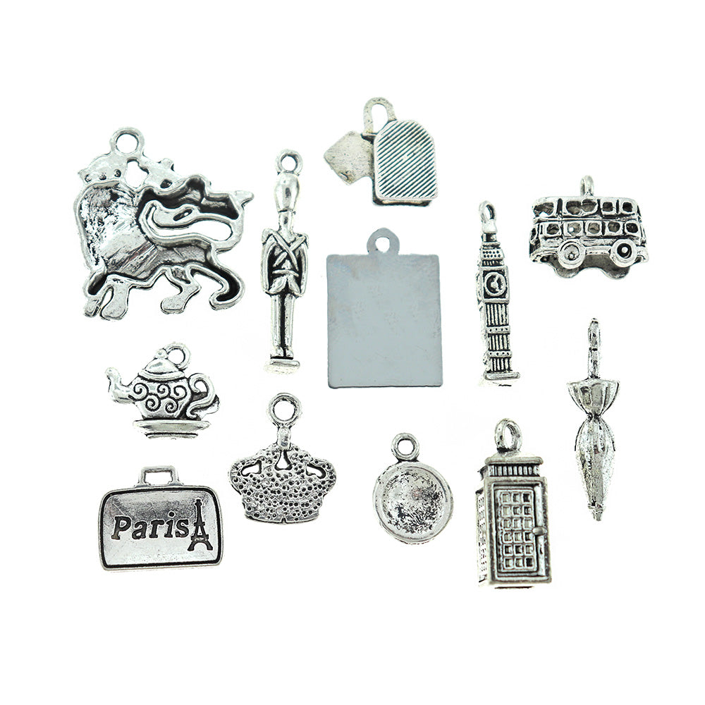 London Charm Collection Ton argent antique 12 breloques différentes - COL194