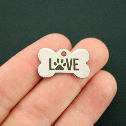Love Paw Print Stainless Steel Dog Bone Charms - BFS020-0892