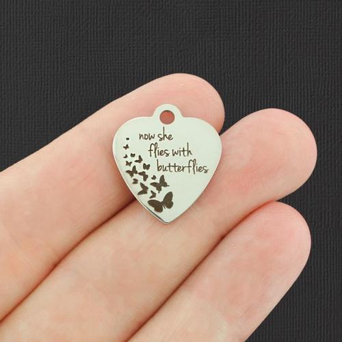 Memorial Stainless Steel Charms - Now she flies with butterflies - BFS011-3338