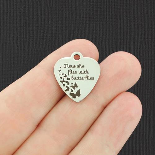 Memorial Stainless Steel Charms - Now she flies with butterflies - BFS011-3409