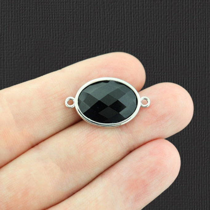 Natural Black Agate Faceted Oval Connector 2 Sided - GEM036