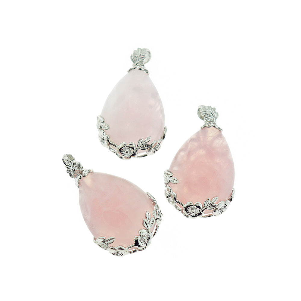 Pendentif floral en forme de goutte de quartz rose naturel - GEM050