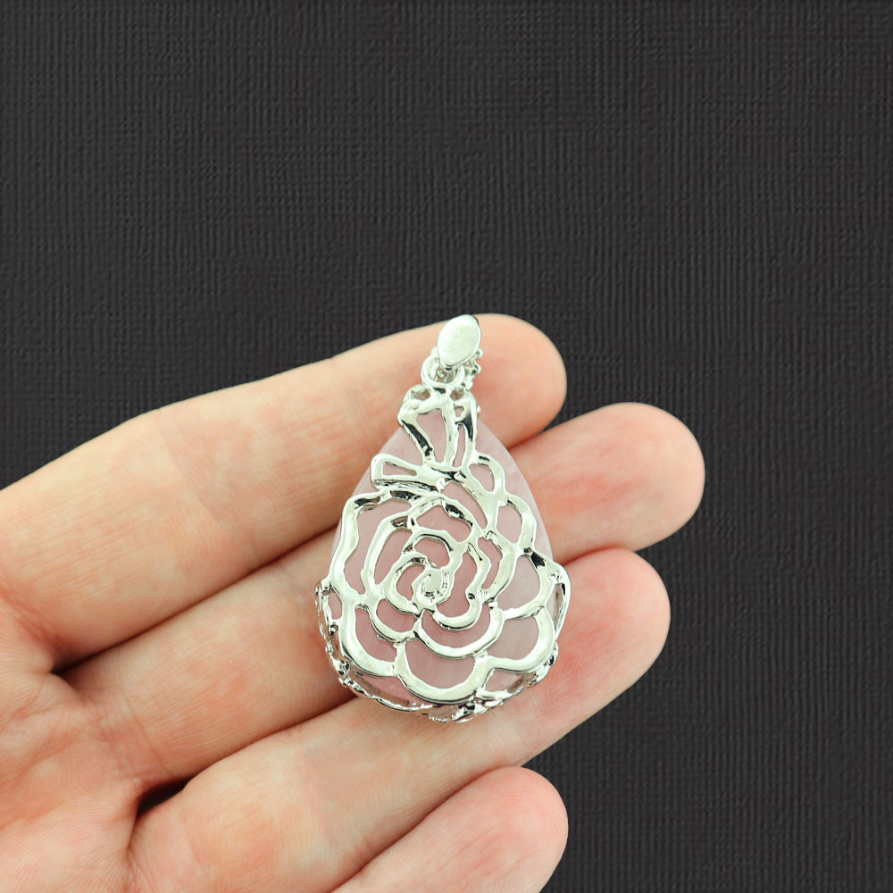 Pendentif floral en forme de goutte de quartz rose naturel - GEM050