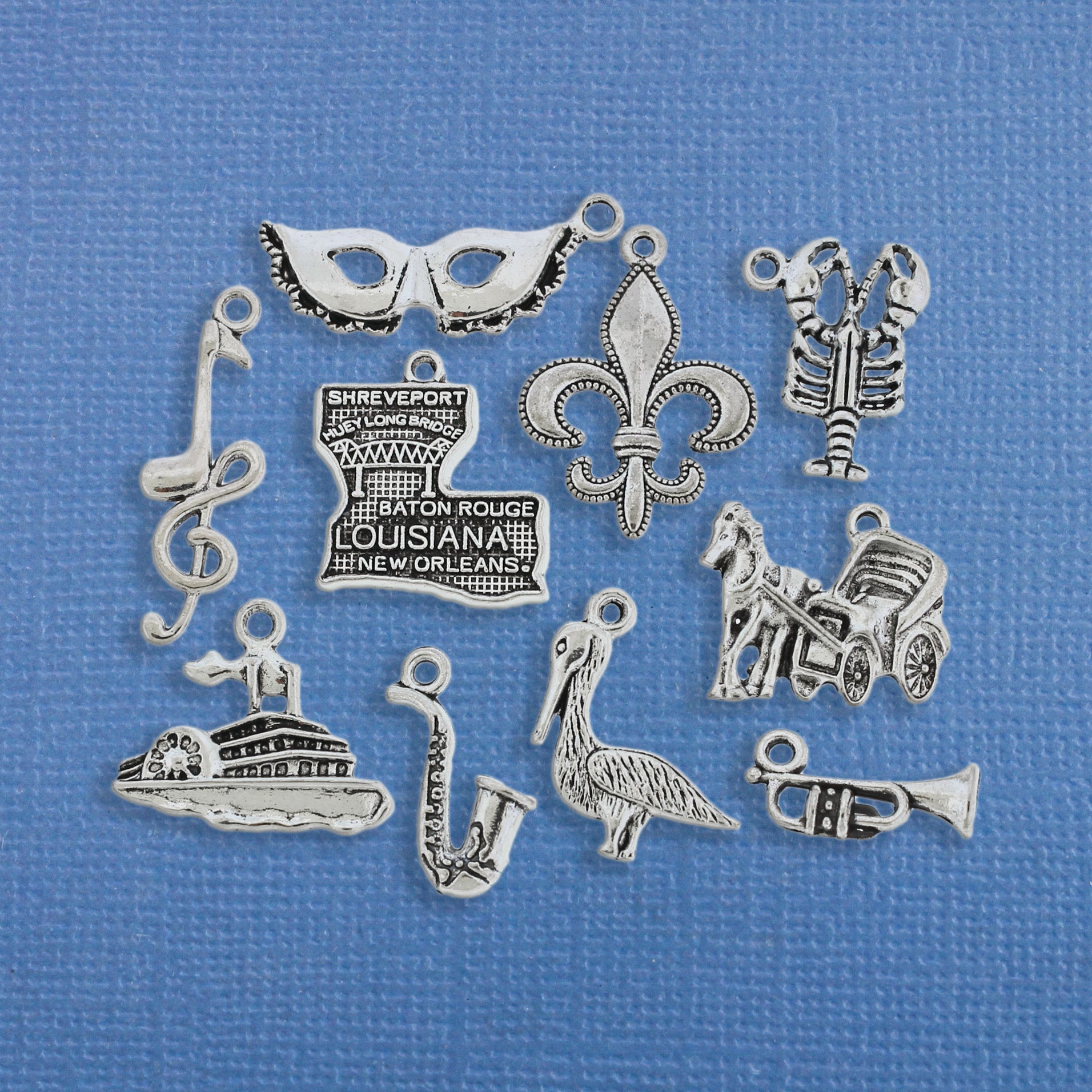 New Orleans Charm Collection Antique Silver Tone 9 Different Charms - COL173
