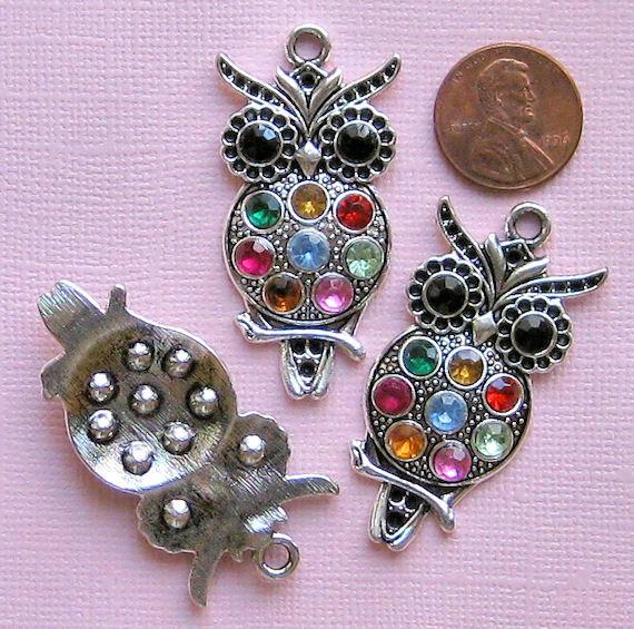 Hibou Antique Silver Tone Charms avec strass incrustés - SC1134