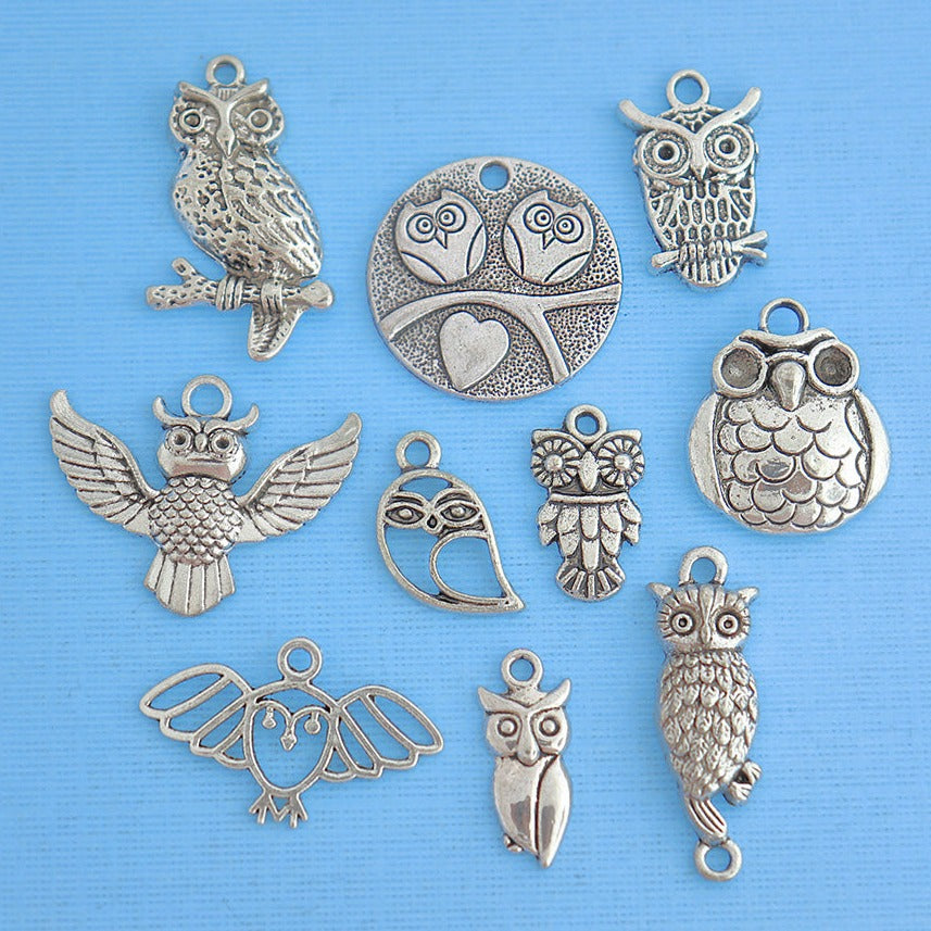 Owl Charm Collection Antique Silver Tone 10 Different Charms - COL092