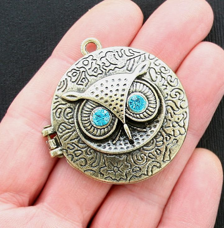 Owl Locket Antique Bronze Tone Charm With Inset Rhinestones - BC845
