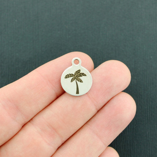 Palm Tree Stainless Steel Small Round Charms - BFS002-3601