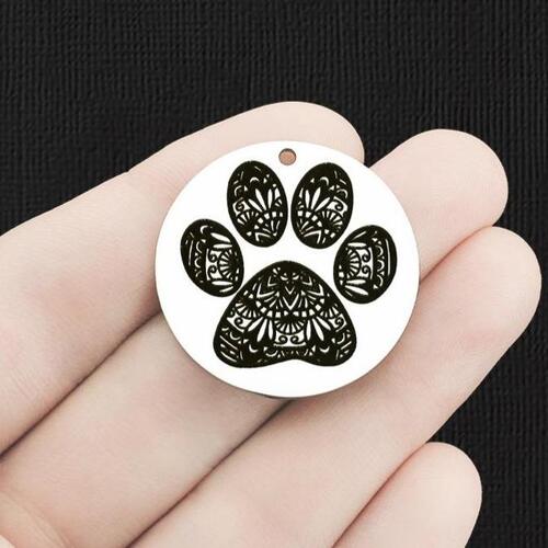 Paw Print Mandala Stainless Steel 30mm Round Charms - BFS010-6183