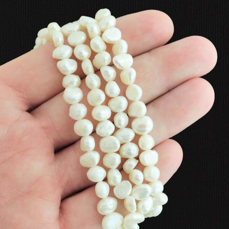 Pebble Glass Beads 4mm x 6mm - White Imitation Pearl - 1 Strand 60 Beads - BD2787