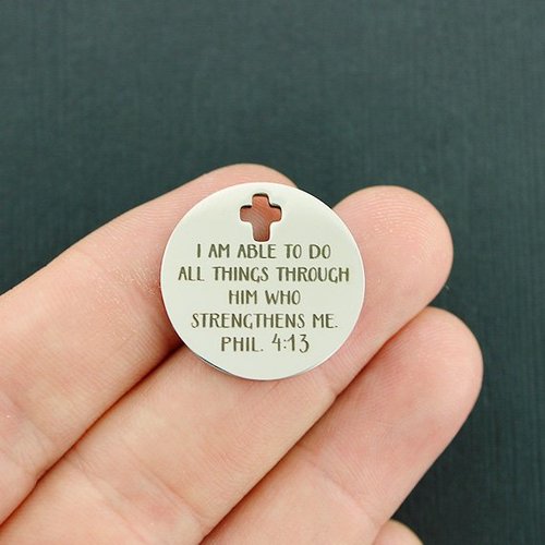 Phil 4:13 Stainless Steel Cross Charms - I am able to do all things through him who strengthens me - BFS023-3493