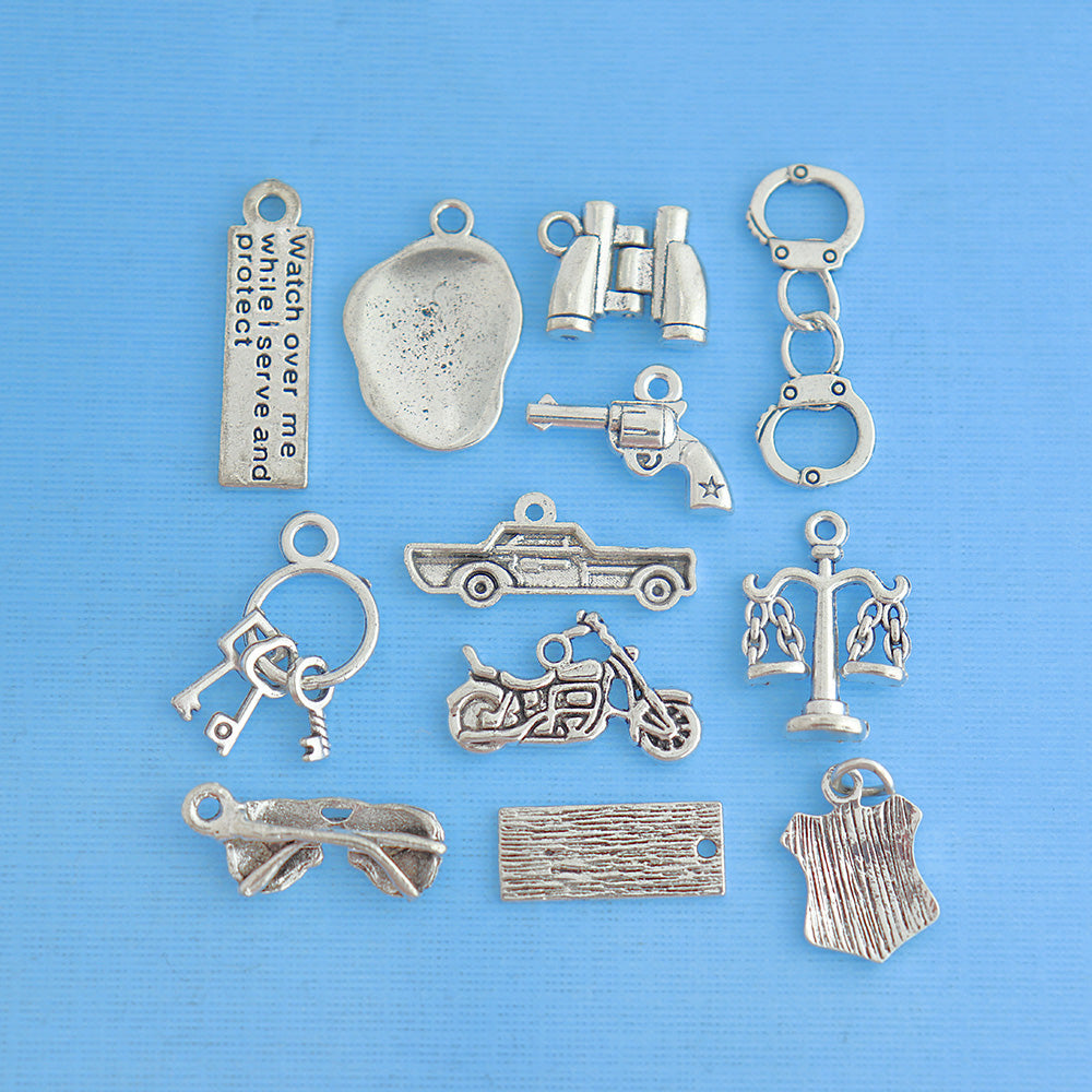 Police Charm Collection Antique Silver Tone 12 Different Charms - COL079
