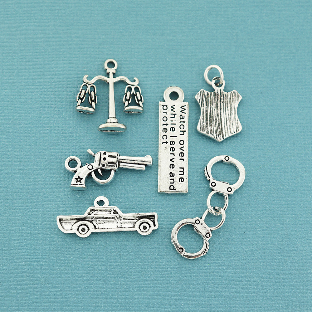 Police Charm Collection Antique Silver Tone 6 Different Charms - COL063
