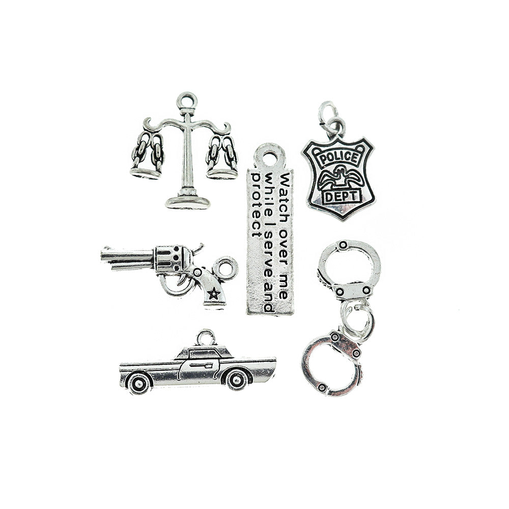 Police Charm Collection Antique Silver Tone 6 Different Charms - COL063