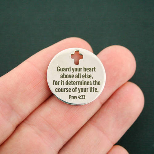 Prov 4:23 Stainless Steel Cross Charms - Guard your heart above all else, for it determines the course of your life. - BFS023-1754