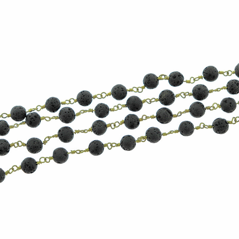 BULK Beaded Rosary Chain - 6mm Natural Lava Rock & Gold Tone Brass - Choose Your Length - 1 meter + - RC016