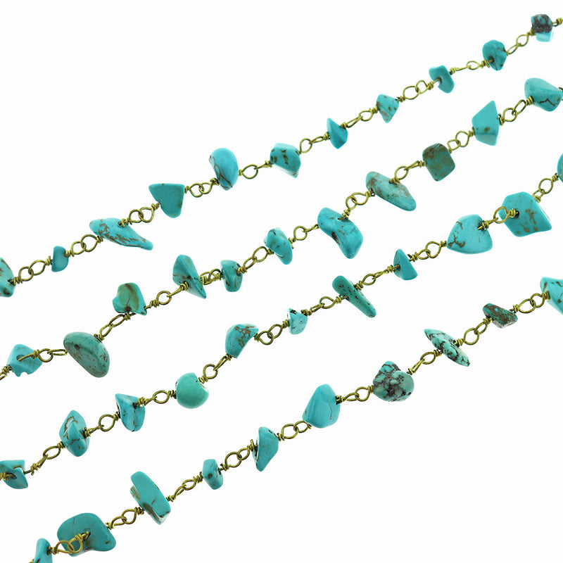 BULK Beaded Rosary Chain - 5-10mm Natural Turquoise & Gold Tone Brass - Choose Your Length - 1 meter + - RC017