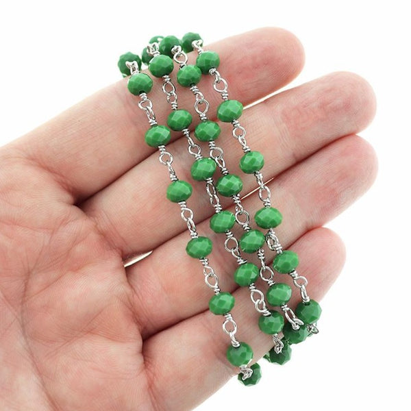 BULK Beaded Rosary Chain - 6mm Green Glass & Silver Tone Brass - Choose Your Length - 1 meter + - RC019