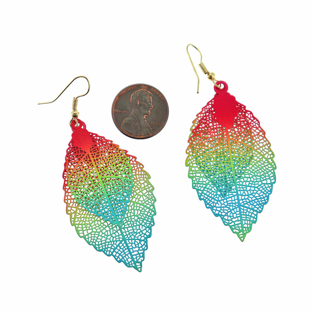 Rainbow Filigree Leaf Earrings - Gold Tone French Hook - 70mm - 2 Pieces 1 Pair - Z1319