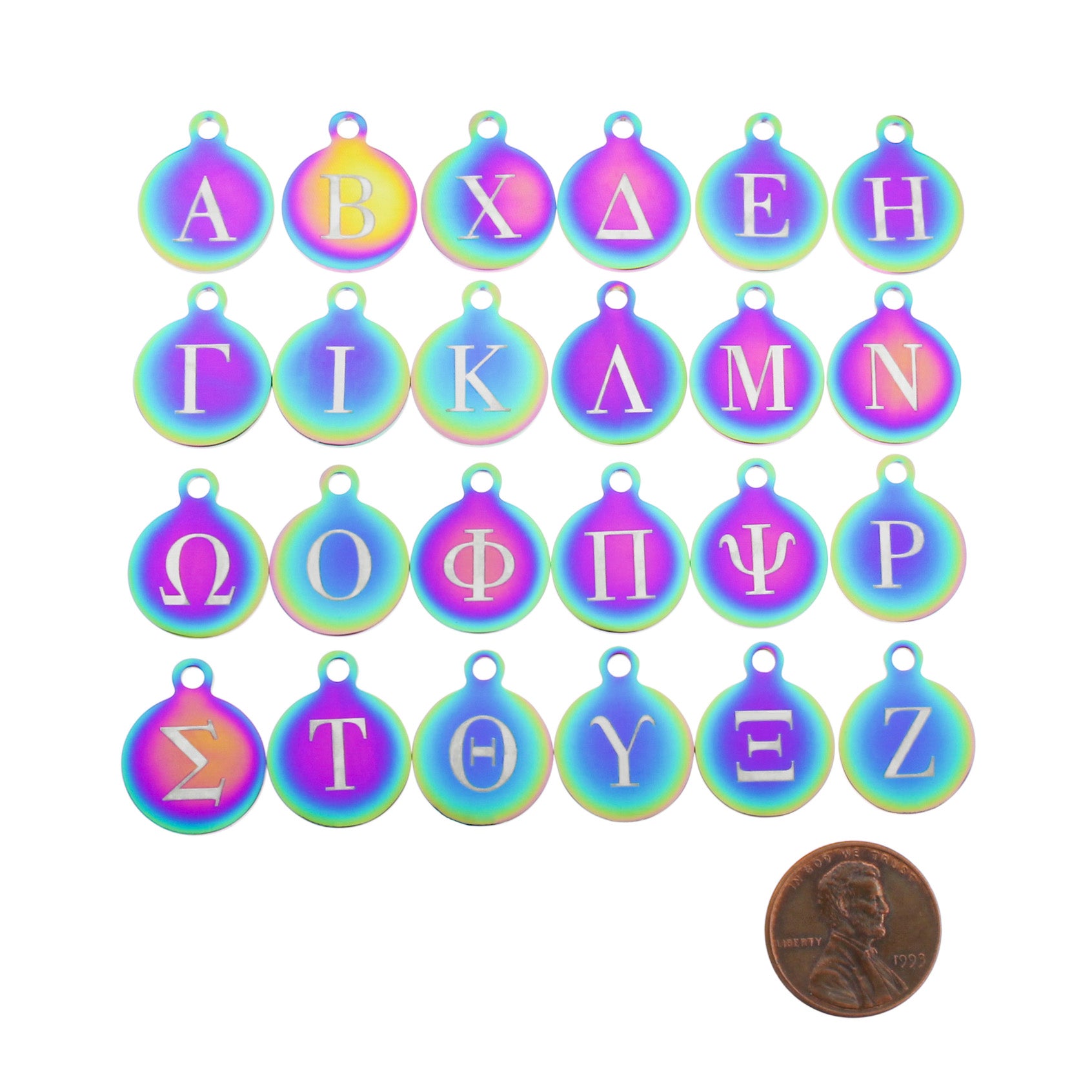 Rainbow Stainless Steel Letter Charms - Choisissez votre initiale et quantité - Lettre grecque Alphabet - Taille plus petite - ALPHA3410BFSRW-IND