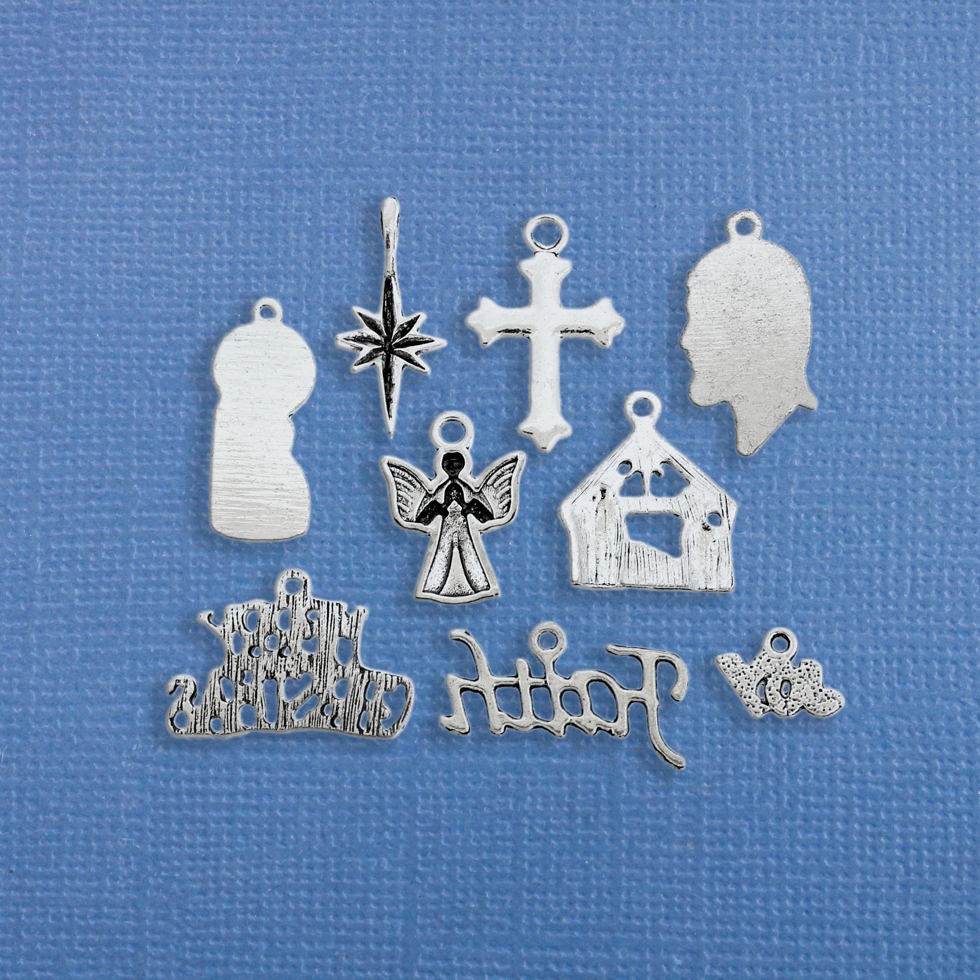 Religious Christmas Charm Collection Antique Silver Tone 9 Charms - COL157