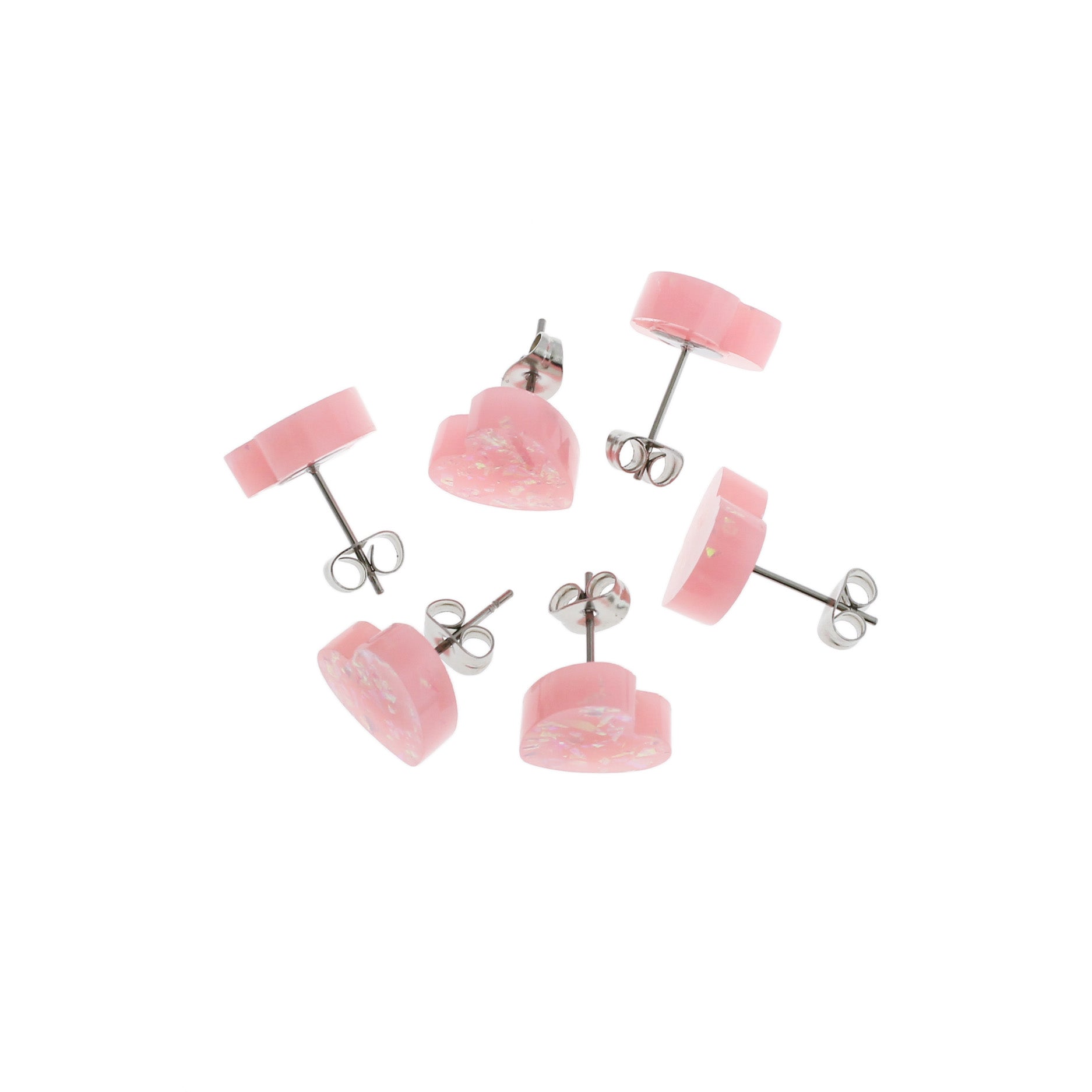 Resin Stainless Steel Earrings - Pink Heart Studs - 12mm - 2 Pieces 1 Pair - ER361