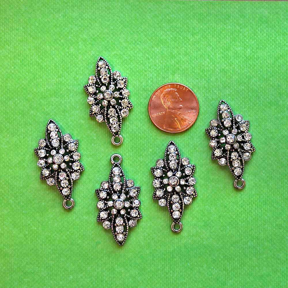 Rhinestone Filigree Antique Silver Tone Charm with Inset Rhinestones - SC1957