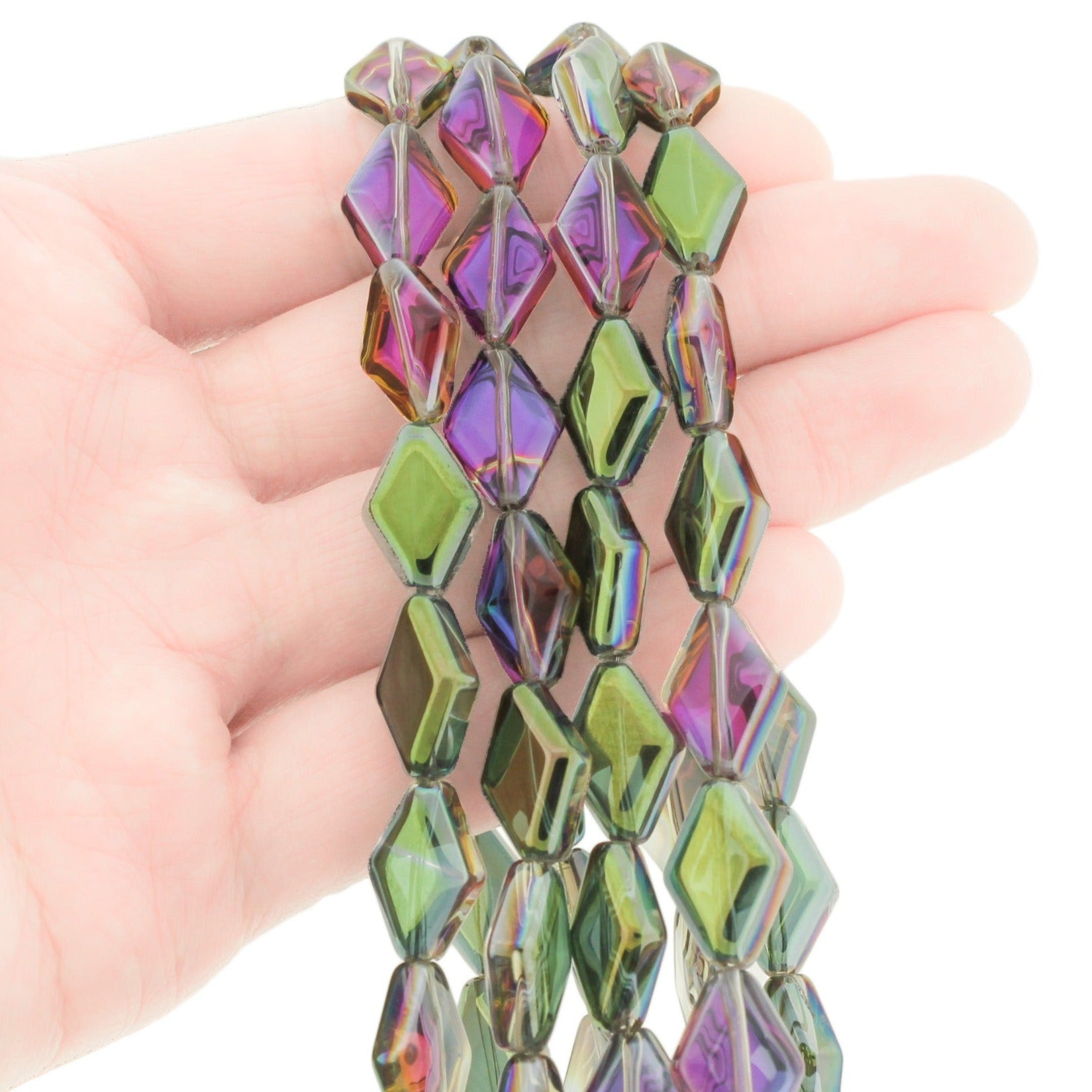 Perles de Verre Losange 15mm x 10mm - Paon Galvanisé - 1 Rang 43 Perles - BD1146