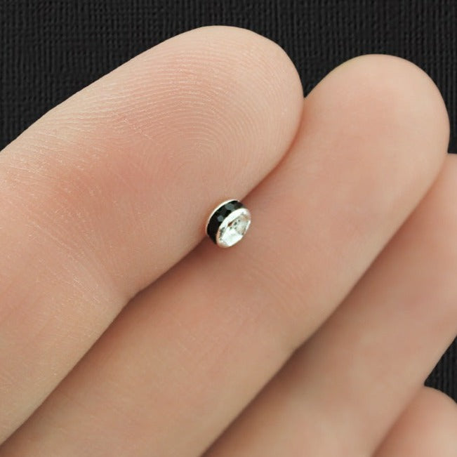 Rondelle Spacer Beads 4mm x 2.1mm - Ton argenté avec strass noirs incrustés - 25 Perles - SC6104