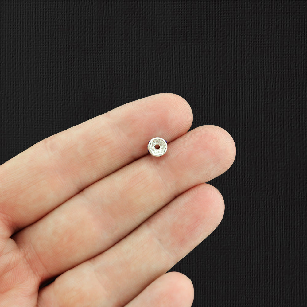 Rondelle Spacer Beads 6mm x 2.7mm - Silver Tone with Inset Royal Blue Rhinestones - 50 Beads - SC6151