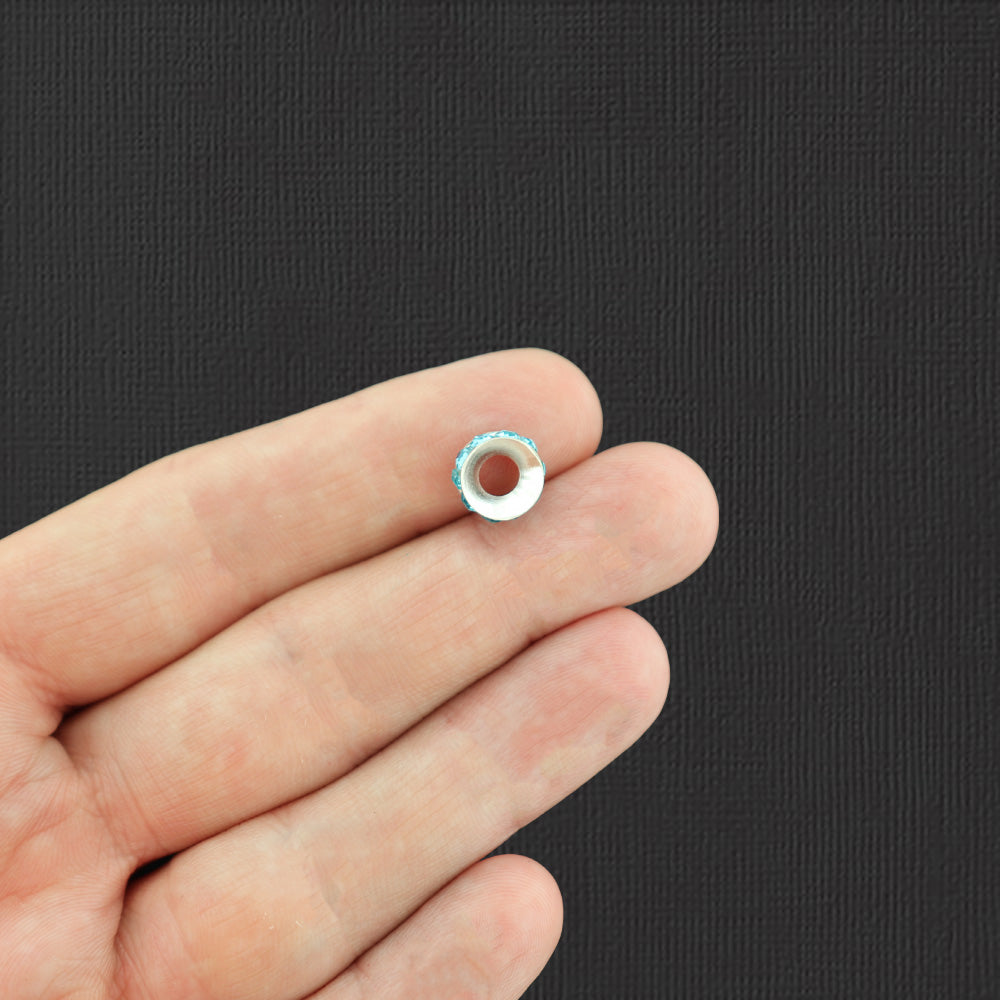 Rondelle Spacer Brass Beads 9mm x 4mm - Silver Tone with Inset Blue Rhinestones - 4 Beads - SC2492