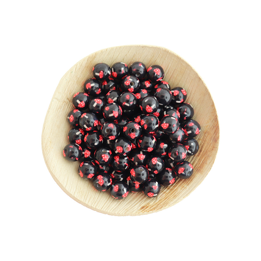 Round Acrylic Beads 10mm - Black with Mushroom - 10 Beads - BD1339