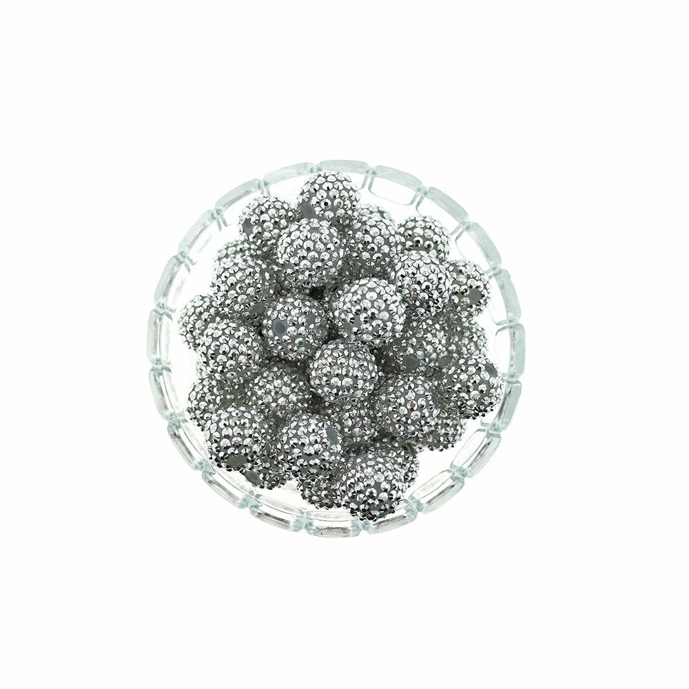Round Acrylic Beads 18mm - Silver With Inset Rhinestones - 10 Beads - BD2226