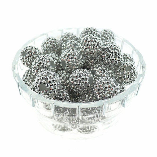 Round Acrylic Beads 18mm - Silver With Inset Rhinestones - 10 Beads - BD2226